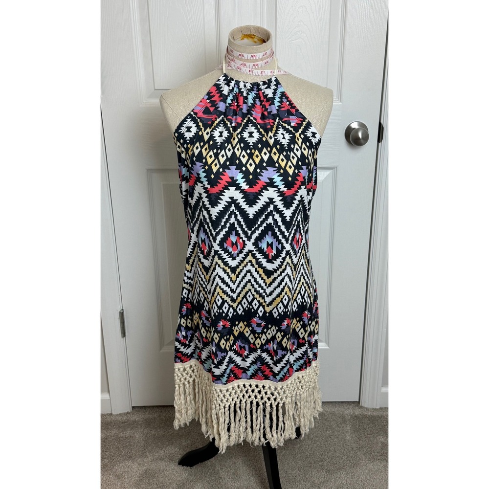 Tribal Geometric Print Halter Mini Dress Macrame Fringe Hem Black Red Large